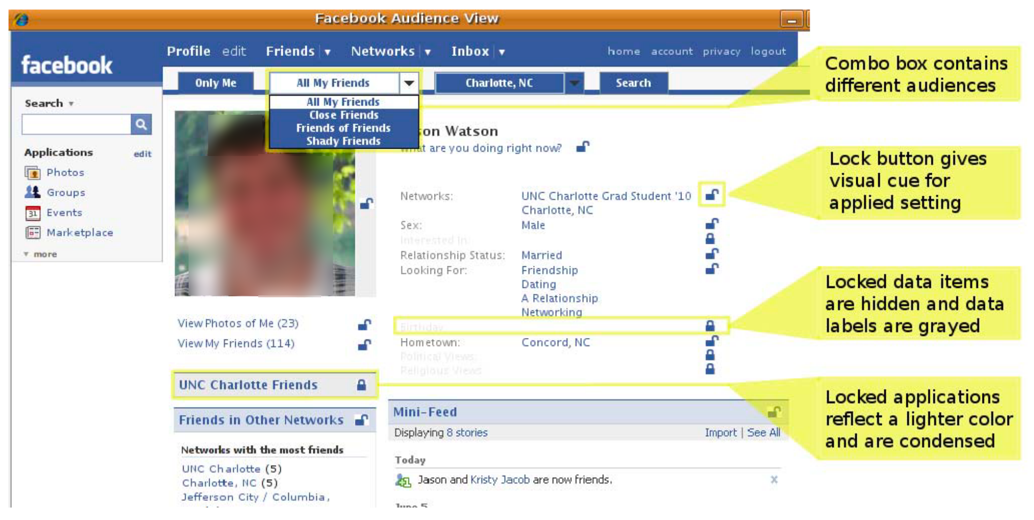 AudienceView prototype resembling Facebook’s profile information and layout as in <a href="#section1">[1]</a>.