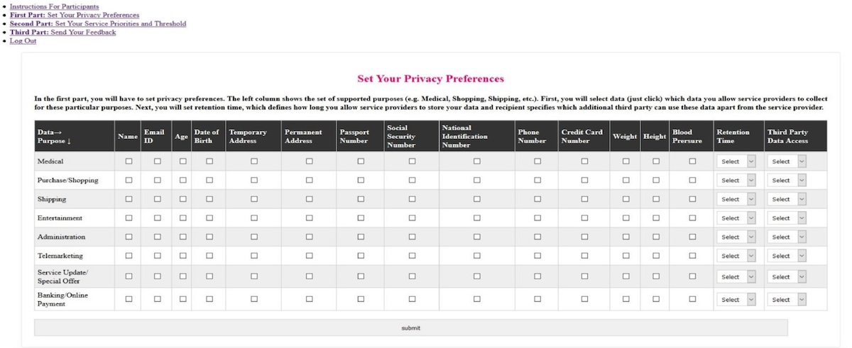 Interface para usuários definirem suas preferências de privacidade de acordo com suas escolhas <a href="#section20">[20]</a>.