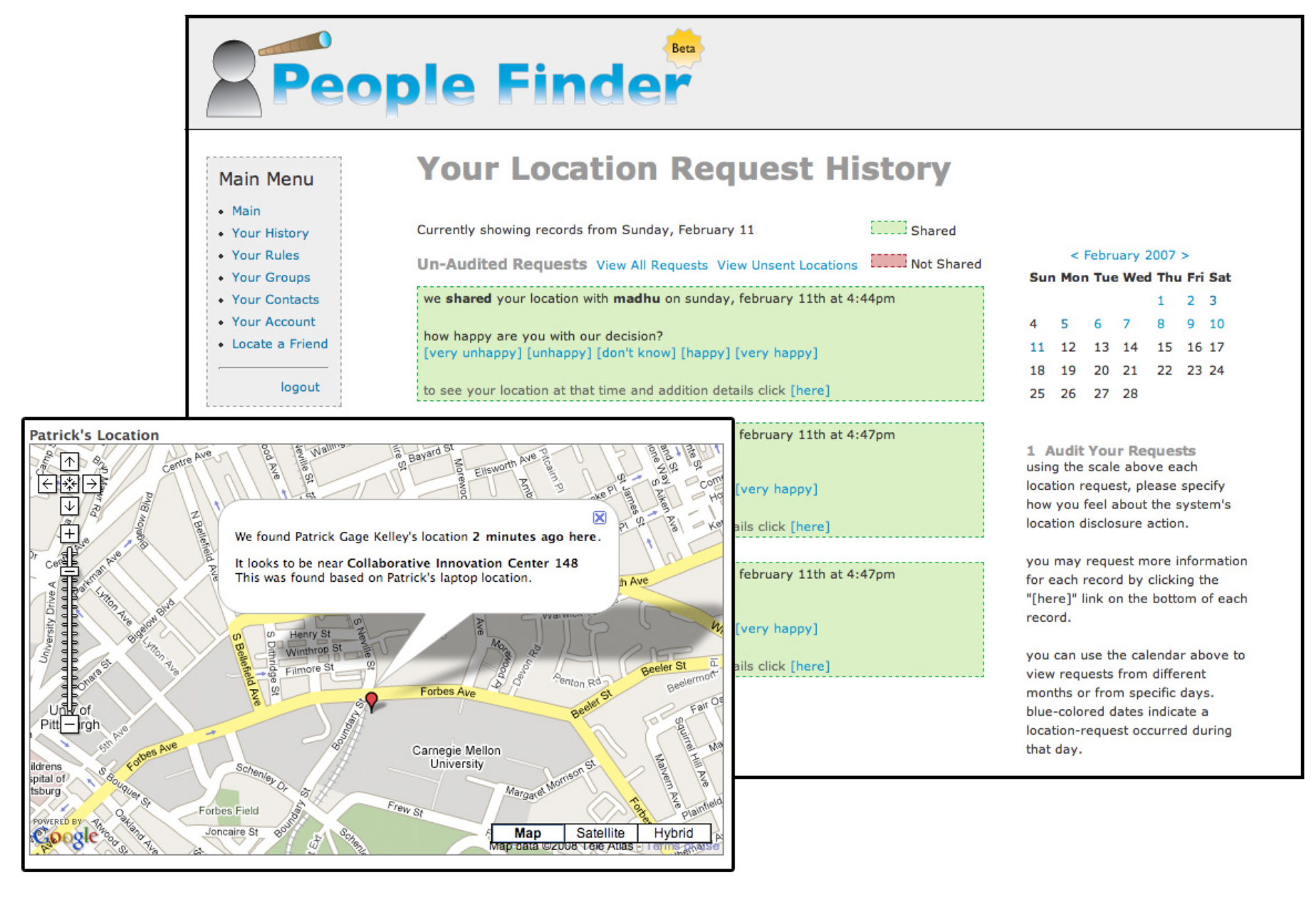Captura de tela da interface do protótipo do PeopleFinder para feedback e localização <a href="#section11">[11]</a>.